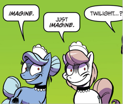 Size: 613x522 | Tagged: safe, artist:andypriceart, derpibooru import, idw, twilight sparkle, twilight sparkle (alicorn), alicorn, earth pony, pony, accord (arc), chaos theory (arc), spoiler:comic, spoiler:comic48, clothes, creepy, creepy smile, hive mind, maid, mind control, part the first: from chaos comes order, rapeface, smiling, unnamed character, unnamed pony