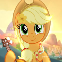 Size: 1080x1080 | Tagged: artist needed, safe, artist:apple.tothecore, derpibooru import, applejack, earth pony, pony, beautiful, cute, female, flower, flower in hair, guitar, jackabetes, musical instrument, older, older applejack, smiling, solo, when she smiles