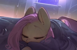 Size: 2255x1468 | Tagged: safe, artist:mirroredsea, derpibooru import, fluttershy, pegasus, pony, bed, cute, eyes closed, female, in bed, mare, shyabetes, sleeping, solo, under the covers