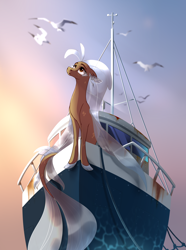 Size: 1968x2652 | Tagged: safe, artist:28gooddays, derpibooru import, oc, oc only, bird, merpony, seagull, seapony (g4), boat, ear piercing, earring, fish tail, jewelry, looking up, ocean, piercing, ship, tail, water