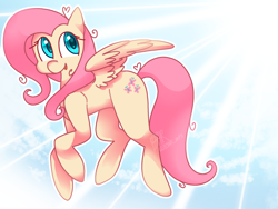 Size: 2048x1536 | Tagged: safe, artist:b3ar_mp3, derpibooru import, fluttershy, pegasus, pony, crepuscular rays, female, looking sideways, mare, open mouth, open smile, outline, sky background, smiling, solo, spread wings, sunlight, white outline, wings