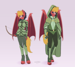 Size: 2935x2647 | Tagged: safe, artist:enderbee, derpibooru import, oc, oc only, oc:sly sunder, oc:stygian spell, anthro, bat pony, unguligrade anthro, armor, bow (weapon), cape, clothes, duo, fangs, fantasy, female, femboy, glasses, hood, male, mare, potion, siblings, stallion, twins, unshorn fetlocks, weapon, wings