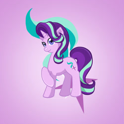 Size: 1500x1500 | Tagged: safe, artist:yoshimarsart, derpibooru import, starlight glimmer, pony, unicorn, g4, cutie mark, cutie mark background, deviantart watermark, female, gradient background, looking at you, mare, obtrusive watermark, raised hoof, raised leg, smiling, solo, watermark