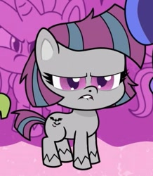 Size: 381x436 | Tagged: safe, derpibooru import, screencap, earth pony, pony, unicorn, g4.5, my little pony: pony life, the shows must go on, spoiler:pony life s02e22, angry, annoyed, female, frown, gray coat, lip bite, mare, narrowed eyes, rutabaga rascal, scowl, solo focus, unknown pony, unnamed character, unnamed pony, unshorn fetlocks