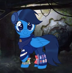 Size: 720x737 | Tagged: artist needed, safe, derpibooru import, oc, oc only, oc:bluewing, pegasus, pony, fallout equestria, bandana, bandolier, blue coat, blue eyes, blue mane, blue tail, chips, clothes, enclave, enclave uniform, food, headphones, medkit, military uniform, pipbuck, stable 2, tail, uniform, water bottle, wings