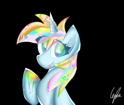 Size: 2034x1722 | Tagged: safe, artist:lydia, derpibooru import, oc, oc only, oc:windy／painting heart, pony, unicorn, black background, colored, female, looking at you, open mouth, paint, painting, simple background, smiling