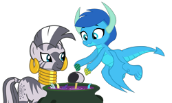 Size: 3455x2067 | Tagged: safe, artist:ponygamer2020, derpibooru import, zecora, oc, oc:frosty, oc:frosty the dragon, dragon, zebra, absurd resolution, alchemy, cauldron, claws, cooking, dragon oc, dragoness, feather, female, flying, hair, helping, horn, ice dragon, male, non-pony oc, potion, scale, simple background, smiling, tail, teenaged dragon, teenager, transparent background, vector, wings