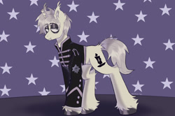Size: 3080x2050 | Tagged: safe, artist:mxmx fw, derpibooru import, bat pony, hybrid, pony, unicorn, bat pony unicorn, bedroom eyes, broken horn, clothes, curtains, discorded, dyed mane, dyed tail, ear fluff, ear tufts, ears, emo, eyeliner, fangs, gerard way, hoof fluff, hoof polish, horn, jacket, looking at you, makeup, male, my chemical romance, ponified, smiling, smiling at you, solo, species swap, stallion, stars, tail, the black parade, unshorn fetlocks