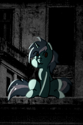 Size: 677x1017 | Tagged: safe, artist:n', derpibooru import, oc, oc only, oc:lyler, earth pony, pony, dark, female, monochrome, newbie artist training grounds, solo, spooky