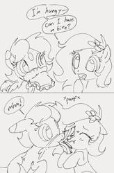 Size: 766x1166 | Tagged: safe, artist:dotkwa, derpibooru import, oc, oc only, oc:deary dots, oc:kayla, earth pony, pony, comic, dialogue, duo, ears, eyes closed, female, filly, floppy ears, flower, flower in hair, foal, food, gray background, mouth hold, sandwich, sharing, simple background, speech bubble