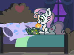 Size: 1800x1350 | Tagged: safe, artist:flutterluv, derpibooru import, part of a set, sweetie belle, pony, unicorn, atg 2023, bed, book, lantern, newbie artist training grounds, night, reading, smiling, solo