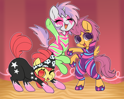 Size: 3900x3100 | Tagged: safe, alternate version, artist:feralkittyclawz, derpibooru import, apple bloom, scootaloo, sweetie belle, earth pony, pegasus, pony, unicorn, g4, the show stoppers, ass up, bipedal, clothes, costume, curtains, cutie mark crusaders, explicit source, eyebrows, eyebrows visible through hair, eyes closed, female, filly, foal, high res, hoof shoes, horn, looking at you, makeup, one eye closed, open mouth, open smile, raised tail, show stopper outfits, signature, smiling, spread wings, stage, tail, trio, trio female, wings, wink, winking at you