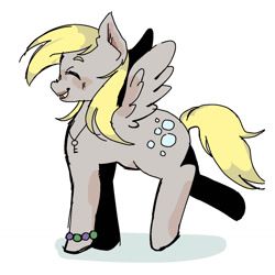 Size: 1280x1280 | Tagged: safe, artist:ghostbbee, derpibooru import, derpy hooves, pegasus, pony, bracelet, eyes closed, female, jewelry, key, mare, necklace, raised leg, simple background, smiling, solo, spread wings, white background, wings