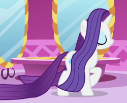 Size: 434x350 | Tagged: safe, derpibooru import, screencap, rarity, pony, unicorn, rarity's biggest fan, spoiler:interseason shorts, carousel boutique, cropped, diamonds, dragging, eyes closed, female, horn, light skin, long hair, long mane, long tail, loose hair, mare, mirror, official, purple hair, purple mane, solo, straight hair, tail, white fur, youtube