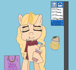 Size: 3248x3000 | Tagged: safe, artist:dafid25, derpibooru import, oc, oc:taralicious, pony, bag, bus stop, clothes, drink, eating, magic, scarf, shopping bag, solo, telekinesis, translink