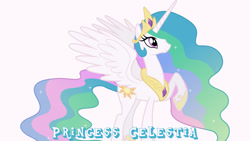 Size: 1920x1080 | Tagged: safe, artist:90sigma, derpibooru import, edit, editor:jaredking779, princess celestia, alicorn, pony, crown, ethereal mane, female, jewelry, mare, peytral, raised hoof, raised leg, regalia, simple background, smiling, solo, spread wings, white background, wings