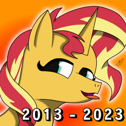 Size: 500x500 | Tagged: safe, artist:alejandrogmj, derpibooru import, sunset shimmer, pony, unicorn, equestria girls 10th anniversary, equestria girls, gradient background, looking to side, looking to the left, numbers, tongue, tongue out