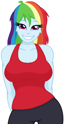 Size: 1000x1920 | Tagged: safe, artist:roseluck, derpibooru exclusive, derpibooru import, rainbow dash, human, equestria girls, arm behind back, bare shoulders, big breasts, braless, breasts, cleavage, clothes, curvy, eye clipping through hair, female, front view, grin, happy, hourglass figure, long eyelashes, looking at you, open mouth, open smile, pants, rainboob dash, shading, simple background, smiling, smiling at you, solo, standing, tanktop, white background, wide hips