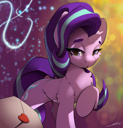 Size: 2400x2500 | Tagged: safe, artist:skitsroom, derpibooru import, starlight glimmer, pony, unicorn, chest fluff, heart, letter, lidded eyes, love letter, raised hoof, raised leg, solo