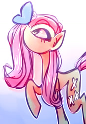 Size: 924x1324 | Tagged: safe, artist:toridesori, derpibooru import, fluttershy, butterfly, pony, butterfly on nose, female, insect on nose, mare, raised hoof, raised leg, solo, wingless
