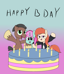 Size: 2600x3000 | Tagged: safe, artist:amateur-draw, derpibooru import, oc, oc only, oc:belle boue, oc:oak wood, oc:phosphor flame, earth pony, pony, unicorn, birthday, birthday cake, cake, clothes, female, food, gradient background, jacket, leather, leather jacket, mare, shirt