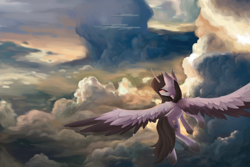 Size: 4500x3000 | Tagged: safe, artist:anastas, derpibooru import, oc, oc only, alicorn, pony, black hair, black mane, black tail, cloud, cloudscape, colored wings, commission, crepuscular rays, detailed background, excited, excitement, feather, feathered wings, female, gray coat, grey fur, large wings, mare, relaxed, relaxing, sky, solo, spread wings, tail, two toned wings, wings, ych result
