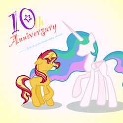 Size: 2000x2000 | Tagged: safe, artist:lunadorable, derpibooru import, princess celestia, sunset shimmer, alicorn, pony, unicorn, equestria girls 10th anniversary, equestria girls, crossed hooves, ears back, female, flowing mane, folded wings, gradient background, mare, no face, raised hoof, raised leg, wings