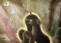 Size: 3508x2480 | Tagged: safe, artist:lightning bolty, derpibooru import, oc, oc:blackhole, oc:event horizon, bird, pony, unicorn, abandoned, black hole, black hole pony, broken door, broken window, castle, colored, countershading, cracks, crepuscular rays, distortion, door, ear fluff, ears, ethereal mane, ethereal tail, fangs, female, gradient horn, horn, long horn, looking back, mare, open mouth, pillar, plant, ponified, ruins, scenery, shading, sharp teeth, signature, slim, solo, species swap, standing, sternocleidomastoid, tail, teeth, thin, throne room, unicorn oc, window