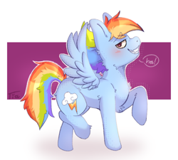 Size: 900x810 | Tagged: safe, artist:tia_chan, derpibooru import, rainbow dash, pegasus, pony, alternate hairstyle, blushing, cheek fluff, chest fluff, dialogue, female, grin, looking at you, passepartout, pose, raised leg, simple background, smiling, smiling at you, solo, speech bubble, spread wings, white background, wings