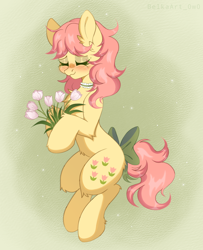 Size: 1592x1965 | Tagged: safe, artist:belkaart0w0, derpibooru import, posey, earth pony, pony, g1, blushing, bow, chest fluff, choker, cute, ear fluff, ears, eyes closed, eyeshadow, female, flower, makeup, mare, solo, tail, tail bow, tulip