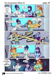 Size: 4292x5985 | Tagged: safe, artist:atariboy2600, artist:bluecarnationstudios, derpibooru import, sci-twi, sunset shimmer, twilight sparkle, human, robot, comic:the amazonian effect, comic:the amazonian effect iv, equestria girls, android, breasts, buff breasts, busty sci-twi, clothes, comic, duality, eye beams, female, headlight sparkle, muscles, muscular female, nervous sweat, open mouth, sci-twi's house, sunset jiggler, sunset lifter, tempting fate, twolight