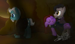 Size: 3264x1934 | Tagged: safe, artist:tidmouthmilk12, derpibooru import, doctor whooves, earth pony, pony, atg 2023, beard, bowtie, cave, clara oswin oswald, clothes, dress, eleventh doctor, eyebrows, facial hair, jacket, jewelry, necklace, newbie artist training grounds, scarf, shadow, signature, war doctor