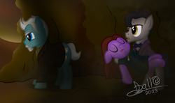 Size: 3264x1934 | Tagged: safe, artist:tidmouthmilk12, derpibooru import, doctor whooves, earth pony, pony, atg 2023, beard, betrayal, betrayed, bowtie, cashmere frockcoat, cave, clara oswin oswald, clothes, coward, dress, eleventh doctor, eyebrows, facial hair, frock coat, hypocrisy, jewelry, leather, leather trenchcoat, necklace, newbie artist training grounds, prejudice, scarf, shadow, shirt, signature, trenchcoat, van dyke, velvet waistcoat, waistcoat, war doctor