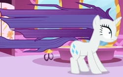 Size: 1212x757 | Tagged: safe, derpibooru import, screencap, rarity, pony, unicorn, rarity's biggest fan, spoiler:interseason shorts, after effects, cropped, female, long hair, long mane, long tail, mare, official, purple hair, purple mane, suggestive description, tail, white fur, youtube