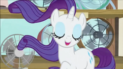 Size: 800x448 | Tagged: safe, derpibooru import, screencap, mr breezy, rarity, unicorn, it isn't the mane thing about you, season 7, spoiler:s07, blowing, fans, female, long hair, long mane, loose hair, mare, purple hair, purple mane, solo, tail, white fur, windswept hair, windswept mane, windswept tail