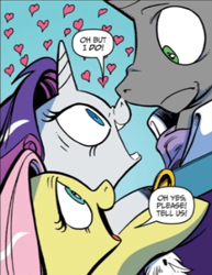 Size: 331x428 | Tagged: safe, artist:andypriceart, derpibooru import, idw, fluttershy, king sombra, rarity, pegasus, unicorn, reflections, spoiler:comic, comic, female, good king sombra, heart, male, mare, official, out of context, pink hair, pink mane, purple hair, purple mane, shipping fuel, stallion