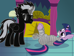 Size: 8192x6170 | Tagged: safe, artist:cardshark777, derpibooru import, twilight sparkle, twilight sparkle (alicorn), oc, oc:blackspirit, alicorn, pony, alicorn oc, bed, bondage, bound and gagged, confused, digital art, duct tape, duo, duo male and female, female, folded wings, gag, gift art, hidden eyes, horn, horn ring, lamp, magic, magic suppression, male, mummification, pillow, ring, smiling, smirk, standing, sunglasses, tape, tape bondage, tape gag, telekinesis, tied up, two toned mane, wings, wrapped up