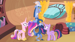 Size: 1920x1080 | Tagged: safe, derpibooru import, screencap, discord, princess cadance, twilight sparkle, twilight sparkle (alicorn), alicorn, draconequus, pony, g4, season 4, three's a crowd, bald, bed, bedroom, blue flu, book, bookshelf, crown, curtains, female, folded wings, golden oaks library, hair, hoof shoes, horn, indoors, jewelry, lidded eyes, looking down, looking up, male, mane, mare, modular, open mouth, open smile, princess shoes, regalia, sisters-in-law, smiling, tail, trio, window, wings