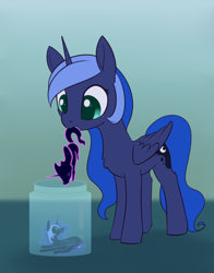 Size: 1620x2070 | Tagged: safe, artist:dusthiel, derpibooru import, nightmare moon, princess luna, tantabus, alicorn, pony, atg 2023, cheek fluff, chest fluff, colored pupils, female, gradient background, hock fluff, hoof fluff, jar, mare, micro, mouth hold, newbie artist training grounds, trio, two toned mane