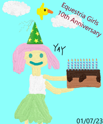 Size: 1000x1200 | Tagged: safe, artist:miky94c, derpibooru exclusive, derpibooru import, fluttershy, bird, equestria girls 10th anniversary, equestria girls, 1000 hours in ms paint, anniversary, cake, candle, chocolate, chocolate cake, food, paint 3d, smiley face, yay