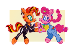 Size: 1280x914 | Tagged: safe, artist:msponies, derpibooru import, pinkie pie, sunset shimmer, earth pony, pony, unicorn, alternate hairstyle, bandaid, bisexual, bracelet, braces, choker, clothes, crayon, duo, dyed mane, ear piercing, earring, female, jewelry, lesbian, necklace, nonbinary, nonbinary pride flag, nose piercing, nose ring, overalls, piercing, pride, pride flag, punk, punkset shimmer, shaved, shipping, sunsetpie, watch, wristwatch