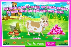 Size: 1680x1111 | Tagged: safe, derpibooru import, cow, apple, costs real money, female, food, gameloft, gem, mooriella, solo