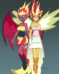 Size: 4800x6000 | Tagged: safe, artist:cadenreigns, derpibooru import, sunset shimmer, demon, human, equestria girls 10th anniversary, better together, equestria girls, equestria girls (movie), blouse, breasts, clothes, daydream shimmer, duality, duo, duo female, female, glowing, glowing horn, horn, skirt, smiling, smirk, spread wings, stare, sunset jiggler, tail, wings