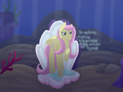 Size: 2048x1536 | Tagged: safe, artist:maplestarthecat, derpibooru import, fluttershy, pegasus, pony, female, mare, raised hoof, raised leg, seashell, singing, solo, underwater, water, we're not flawless