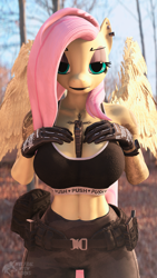 Size: 2160x3840 | Tagged: safe, artist:opty-face, derpibooru import, fluttershy, anthro, pegasus, 3d, 4k, ammunition, between breasts, big breasts, breasts, clothes, female, gloves, hand on breasts, high res, hootershy, looking at you, mare, midriff, solo