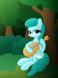 Size: 3016x4032 | Tagged: safe, artist:rainbowšpekgs, derpibooru import, spring melody, sprinkle medley, pegasus, pony, female, forest, grass, guitar, hoof hold, mare, musical instrument, nature, show accurate, sitting, smiling, solo, tail, tree