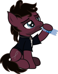 Size: 954x1217 | Tagged: safe, artist:lightningbolt, derpibooru exclusive, derpibooru import, earth pony, pony, .svg available, bring me the horizon, clothes, colored pupils, disguise, disguised seapony, drinking, facial hair, jewelry, jordan fish, lidded eyes, male, necklace, ponified, shirt, show accurate, simple background, sitting, solo, species swap, stallion, svg, t-shirt, transparent background, vector, water, water bottle