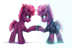 Size: 1200x800 | Tagged: safe, artist:zeepheru_pone, derpibooru import, fizzlepop berrytwist, tempest shadow, pony, unicorn, armor, atg 2023, broken horn, chest fluff, ear fluff, ears, female, horn, looking at each other, looking at someone, mare, newbie artist training grounds, simple background, white background