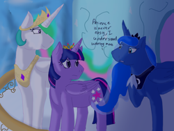 Size: 2048x1536 | Tagged: safe, artist:maplestarthecat, derpibooru import, princess celestia, princess luna, twilight sparkle, twilight sparkle (alicorn), alicorn, pony, twilight's kingdom, dialogue, female, mare, new crown, trio