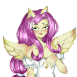 Size: 1280x1280 | Tagged: safe, artist:namiko31, derpibooru import, fluttershy, human, equestria girls, bare shoulder portrait, bare shoulders, blushing, bust, female, looking at you, ponied up, portrait, shoulder blush, simple background, smiling, smiling at you, solo, spread wings, white background, wing blush, wings